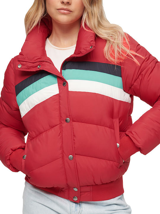 Superdry Ovin Retro Panel Kurz Damen Puffer Jacke für Winter Rot