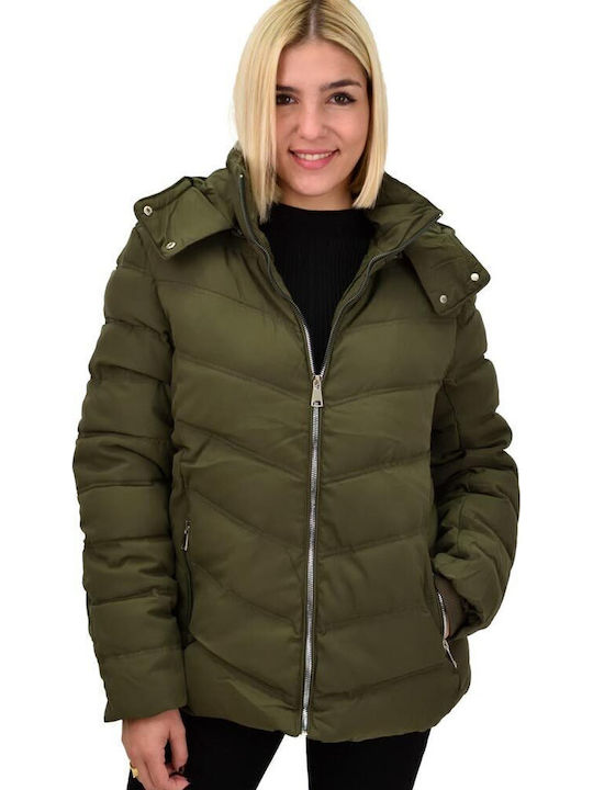 Κοντό Γυναικείο Puffer Μπουφάν για Χειμώνα Χακί