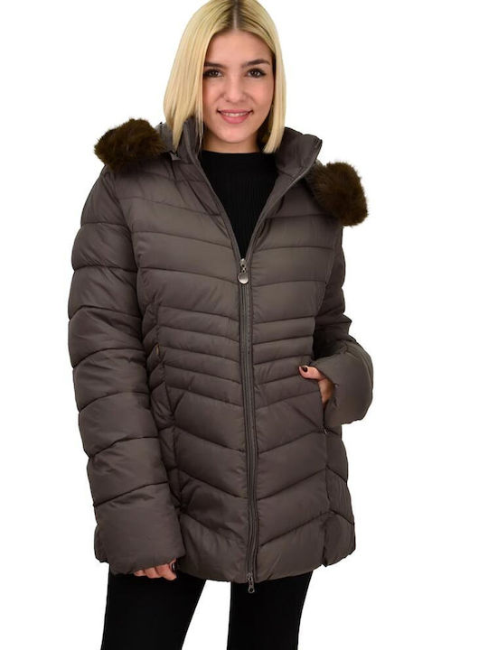Potre Women's Short Puffer Jacket for Winter with Detachable Hood Brown