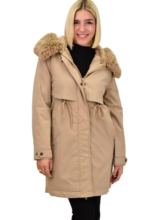 Potre Women's Short Puffer Jacket for Winter with Hood Beige