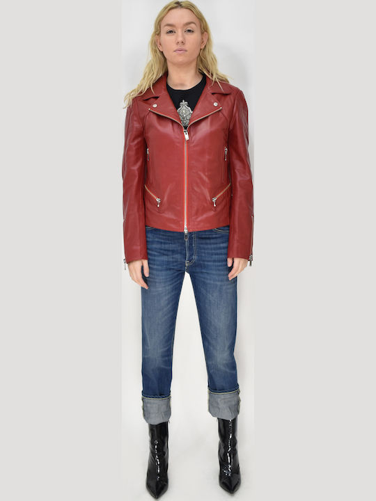 Women's Short Biker Leather Jacket for Winter Red