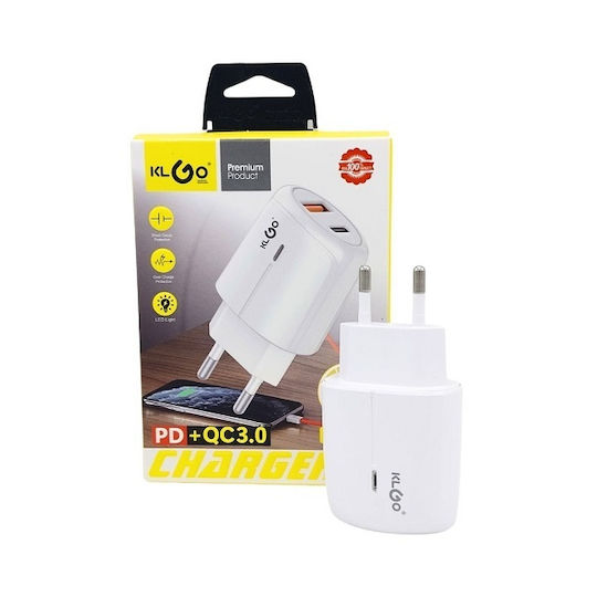 KLGO Charger Without Cable with USB-A Port and USB-C Port 30W Power Delivery / Quick Charge 3.0 Whites (PD-400)