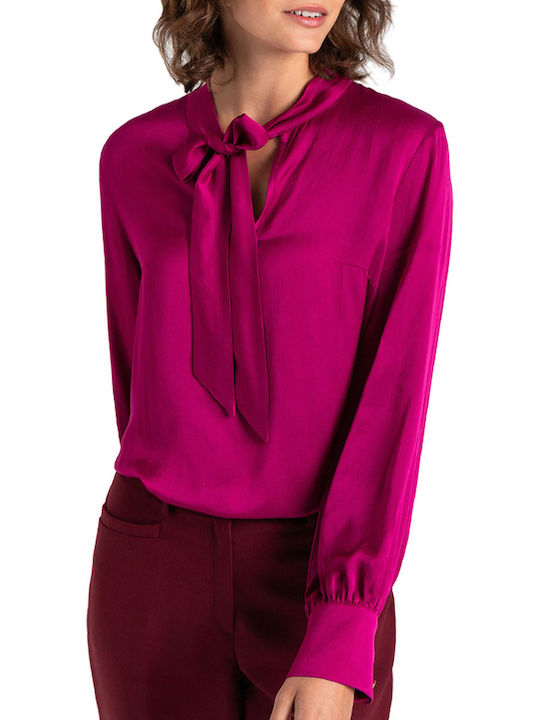 MORE & MORE Women's Blouse Satin Long Sleeve with V Neckline Fuchsia