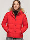 D3 Ovin Faux Women's Short Puffer Jacket for Winter with Hood Red