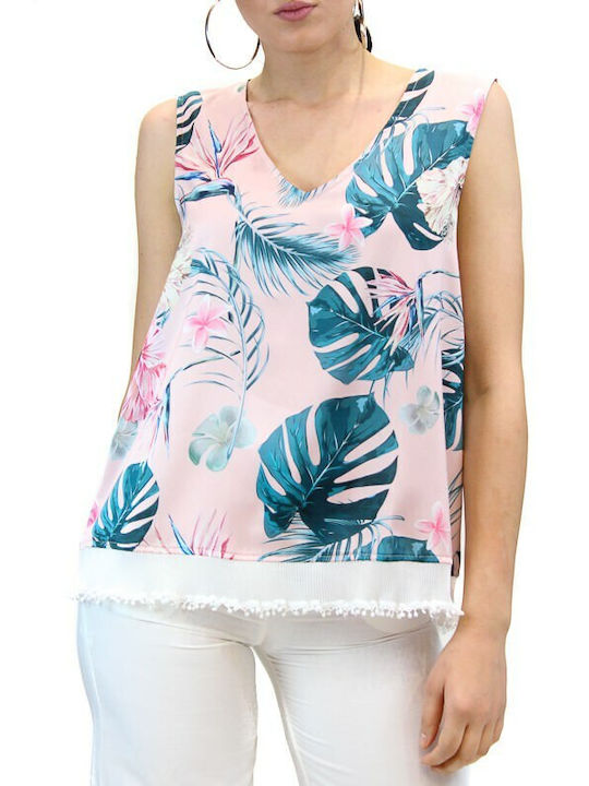 MY T Women's Blouse Sleeveless Floral Pink