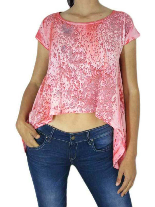 Bigbong Women's Crop Top Cotton Short Sleeve with Smile Neckline Intense coral.