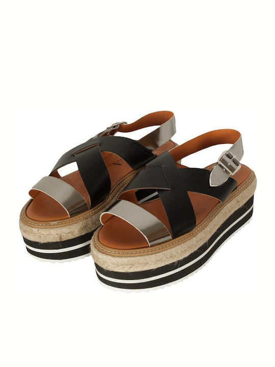 Δερμάτινα Γυναικεία Σανδάλια Flatforms Μαύρα