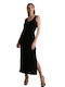 Chica Midi Βραδινό Φόρεμα Βελούδινο με Σκίσιμο Μαύρο