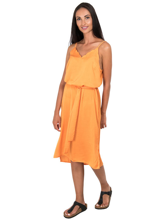 ICHI Midi Kleid Satin Orange