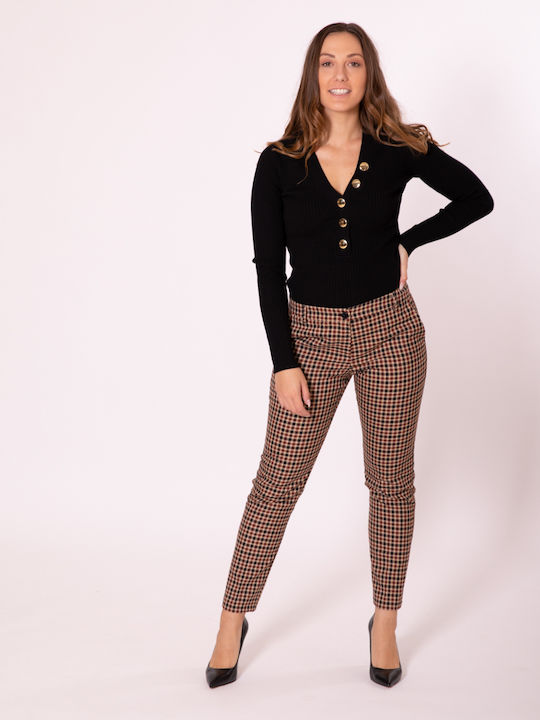 Women's Fabric Trousers Checked Beige