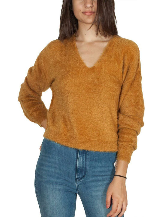 Free People Damen Langarm Pullover mit V-Ausschnitt camel gold