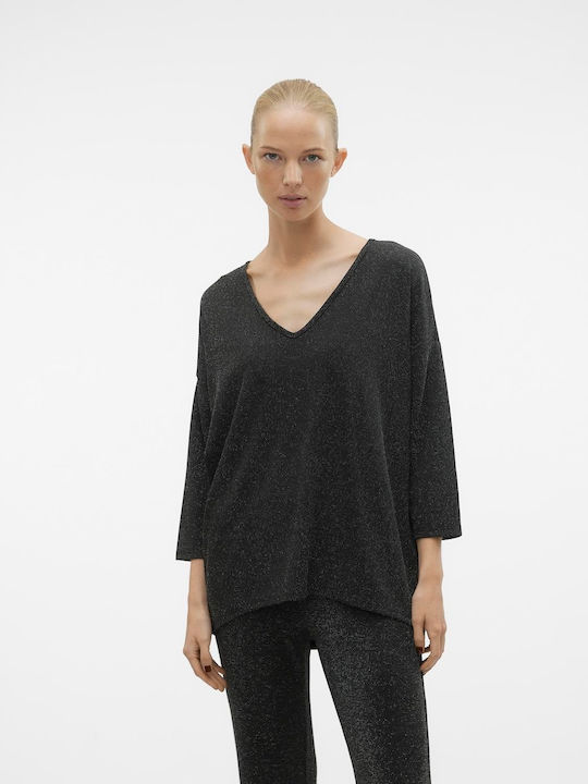 Women's Blouse with 3/4 Sleeve & V Neckline Black silver lurex