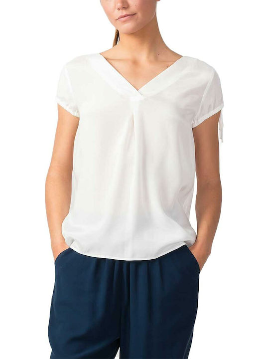 Skunkfunk Women's Blouse Short Sleeve with V Neck White