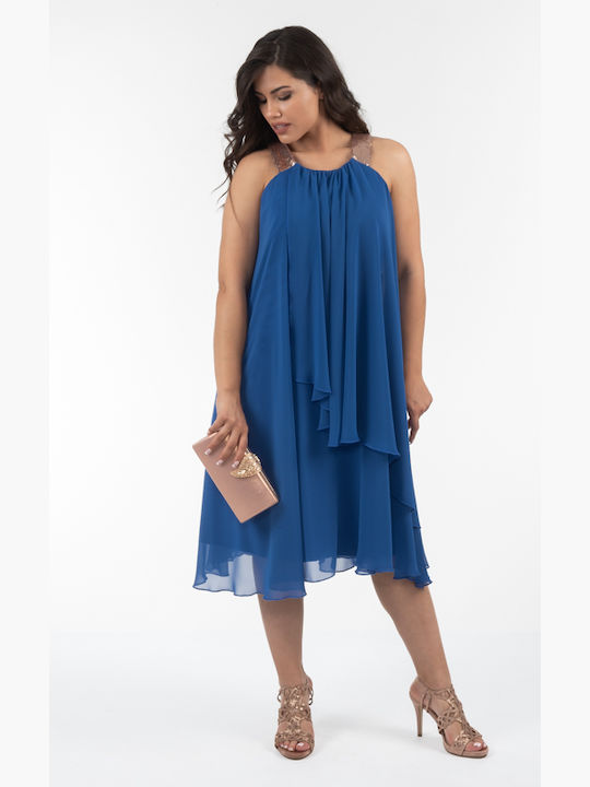 Korinas Fashion Midi Βραδινό Φόρεμα με Βολάν Μπλε