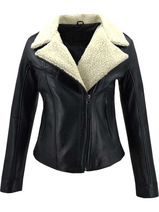 Δερμάτινο Γυναικείο Biker Jacket με Επένδυση Γούνας Μαύρο