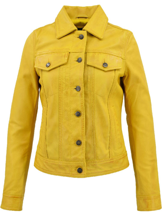 Δερμάτινα 100 Women's Short Biker Leather Jacket for Spring or Autumn Yellow