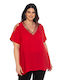 Silky Collection Women's Summer Blouse Off-Shoulder Short Sleeve with V Neckline Red