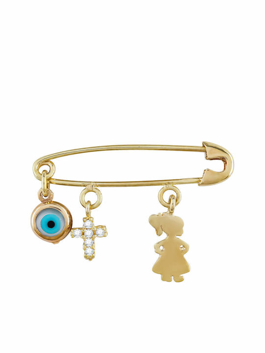 Kiriakos Gofas Child Safety Pin made of Gold 9K with Cross for Girl