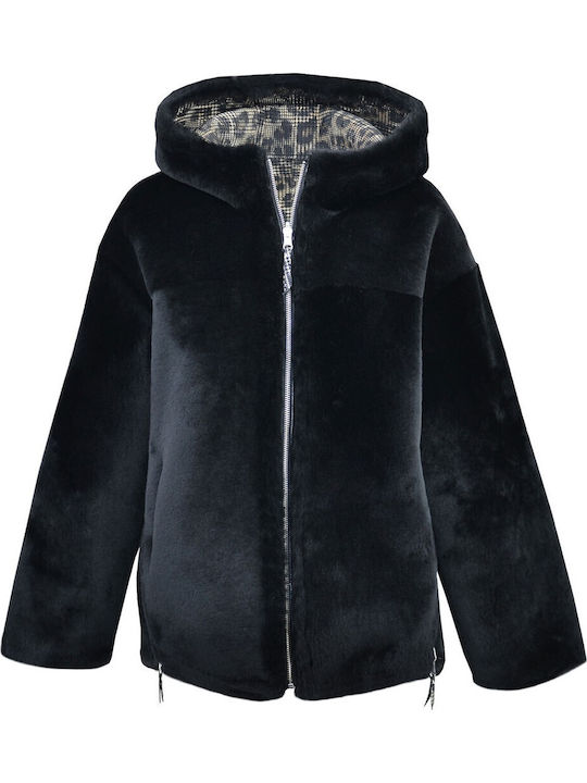 Women's Short Lifestyle Jacket Double Sided for Winter with Hood Black