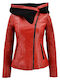 Women's Short Lifestyle Leather Jacket for Spring or Autumn with Hood Red