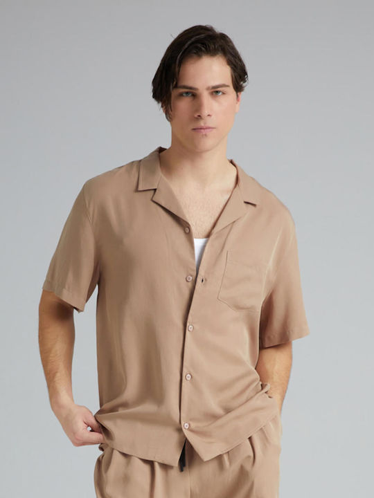 4tailors Men's Shirt Short Sleeve Denim Beige