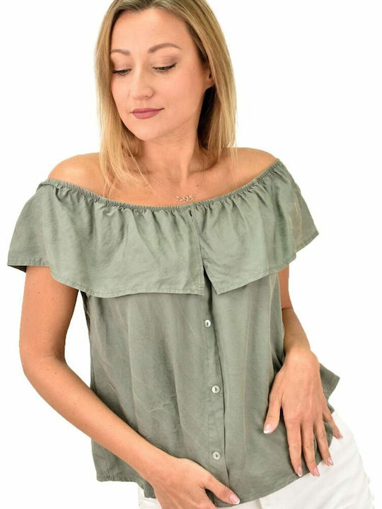 Potre Damen Sommerliche Bluse Schulterfrei Kurzärmelig Khaki