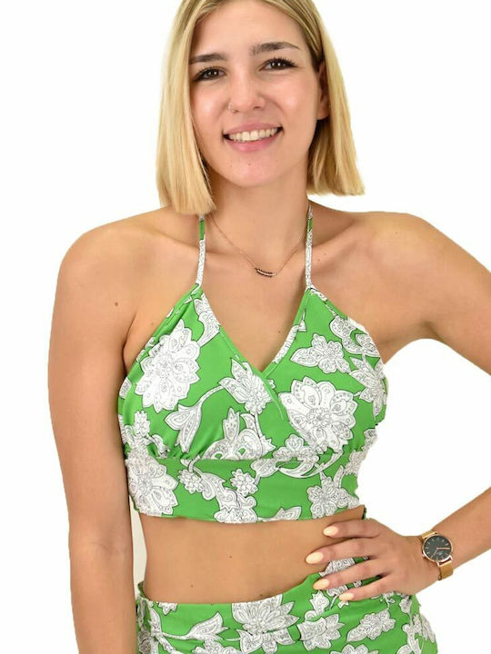 First Woman Дамско Лятно Crop Top с Презрамки Цветя Зелен