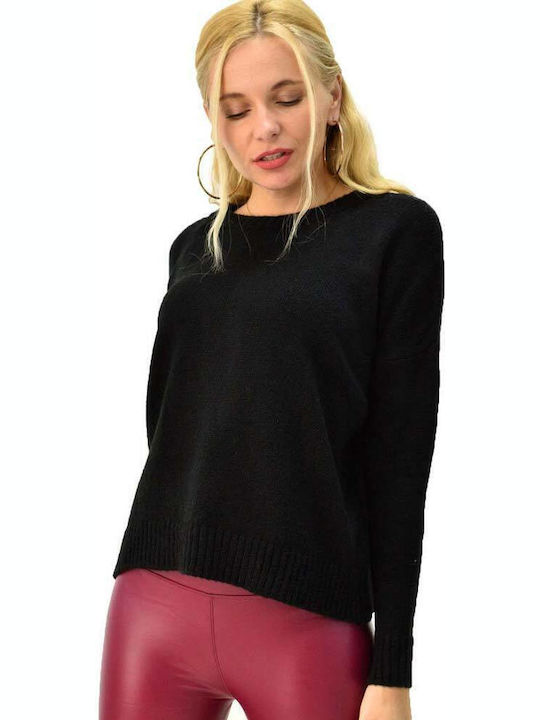 First Woman Women's Long Sleeve Sweater with V Neckline Black