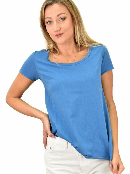 First Woman Damen Sommerliche Bluse Baumwoll Kurzärmelig Blau