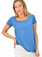 First Woman Women's Summer Blouse Cotton Short Sleeve Blue