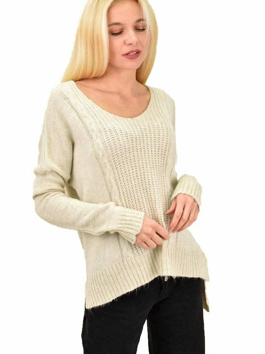 Potre Women's Long Sleeve Sweater Cotton with V Neckline Beige