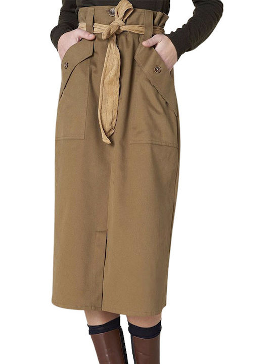 Silvian Heach High Waist Midi Skirt in Brown color