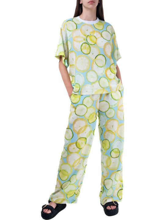 Ice Play Women's High-waisted Fabric Trousers with Elastic