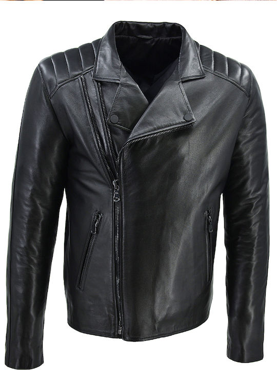 Δερμάτινα 100 Men's Winter Leather Biker Jacket Black