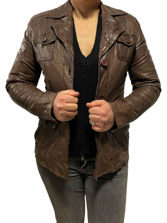 MARKOS LEATHER Women's Leather Waisted Blazer Brown