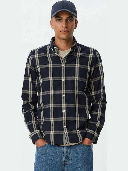 Long-sleeved Flannel Shirt Checked Navy Blue