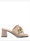 Leather Mules with Chunky High Heel in Beige Color