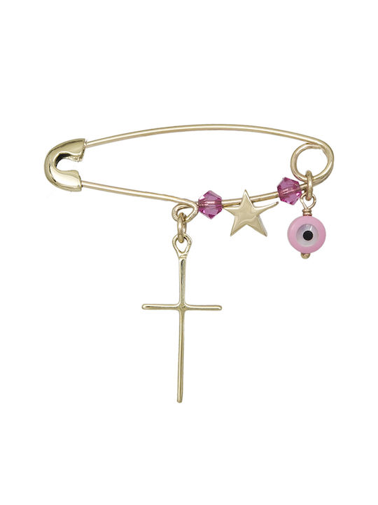 Child Safety Pin made of Gold 9K with Cross for Girl