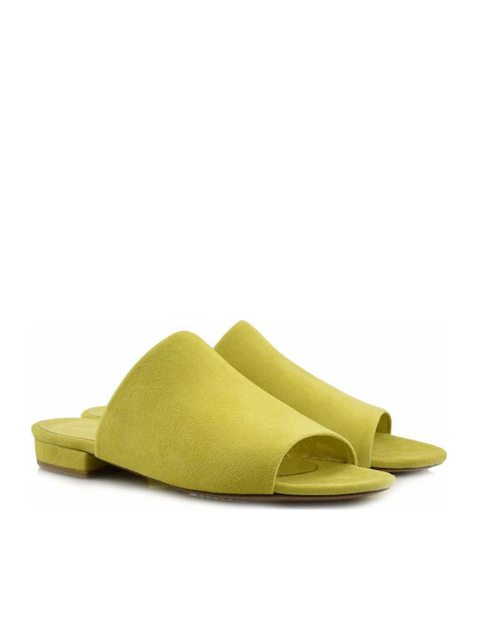 Flat Leather Mules in Yellow Color