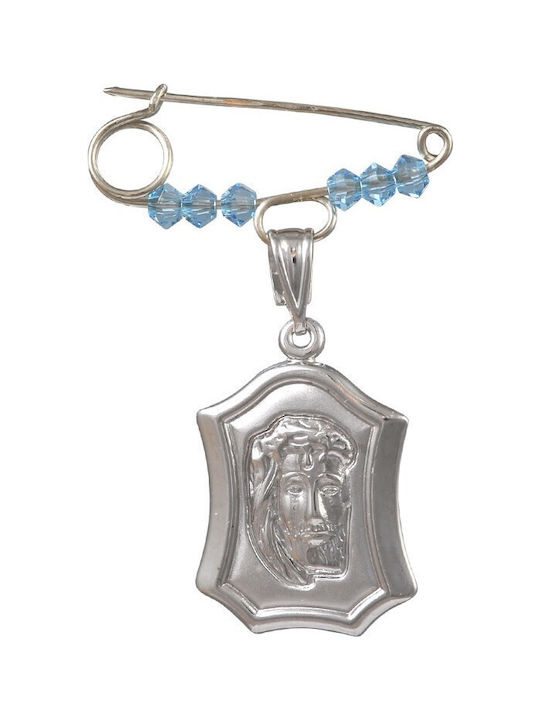 ΠΑΛΑΙΟΛΟΓΟΣ Child Safety Pin made of White Gold with Icon of the Virgin Mary for Boy