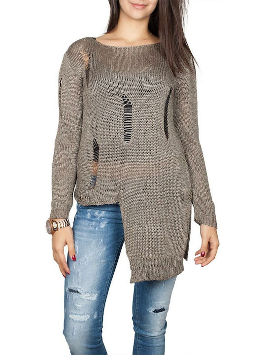 Aggel Damen Langarm Pullover mit Rundhalsausschnitt Braun