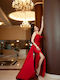 RichgirlBoudoir Maxi Kleid Satin Drapiert mit Schlitz Rot