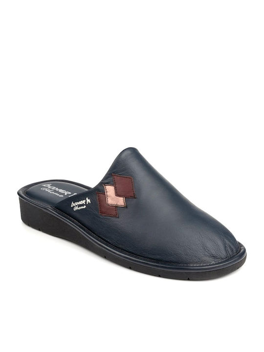 Leather Winter Women's Slippers Navy Blue