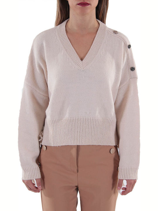 Liu Jo Damen Langarm Pullover Wolle mit V-Ausschnitt Beige