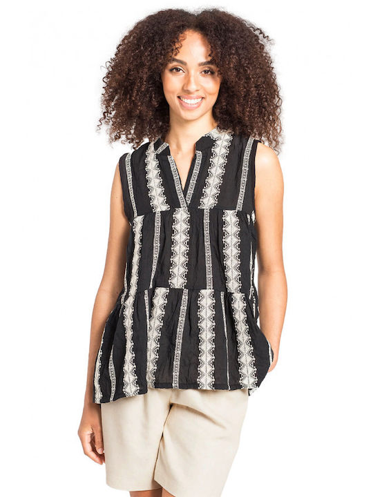 Matis Fashion Βαμβακερή Τουνίκ Αμάνικη με V Λαιμόκοψη Ριγέ Μαύρη