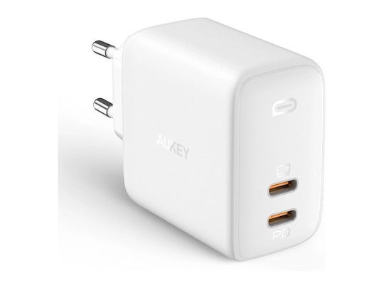 Aukey Charger Without Cable GaN with 2 USB-C Ports 65W Power Delivery Whites (PAB4 Omnia)