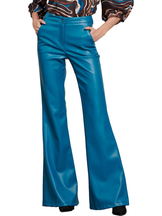 Damen Hoch tailliert Stoff Hose Schlag Blau