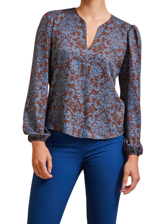 Enzzo Women's Blouse Long Sleeve with V Neckline Coffee