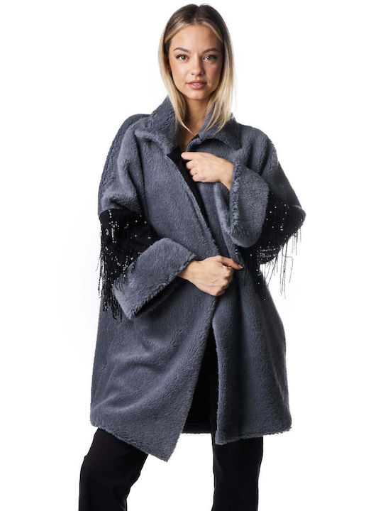 Zoya Women's Midi Coat with Buttons and Fur Gray