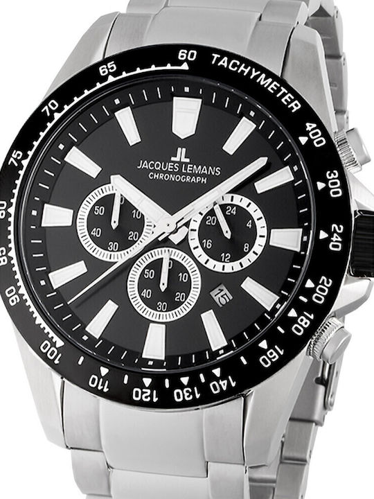 Jacques Lemans Liverpool Ανδρικό Ρολόι 48mm Χρονογράφος Μπαταρίας με Ασημί Μεταλλικό Μπρασελέ
